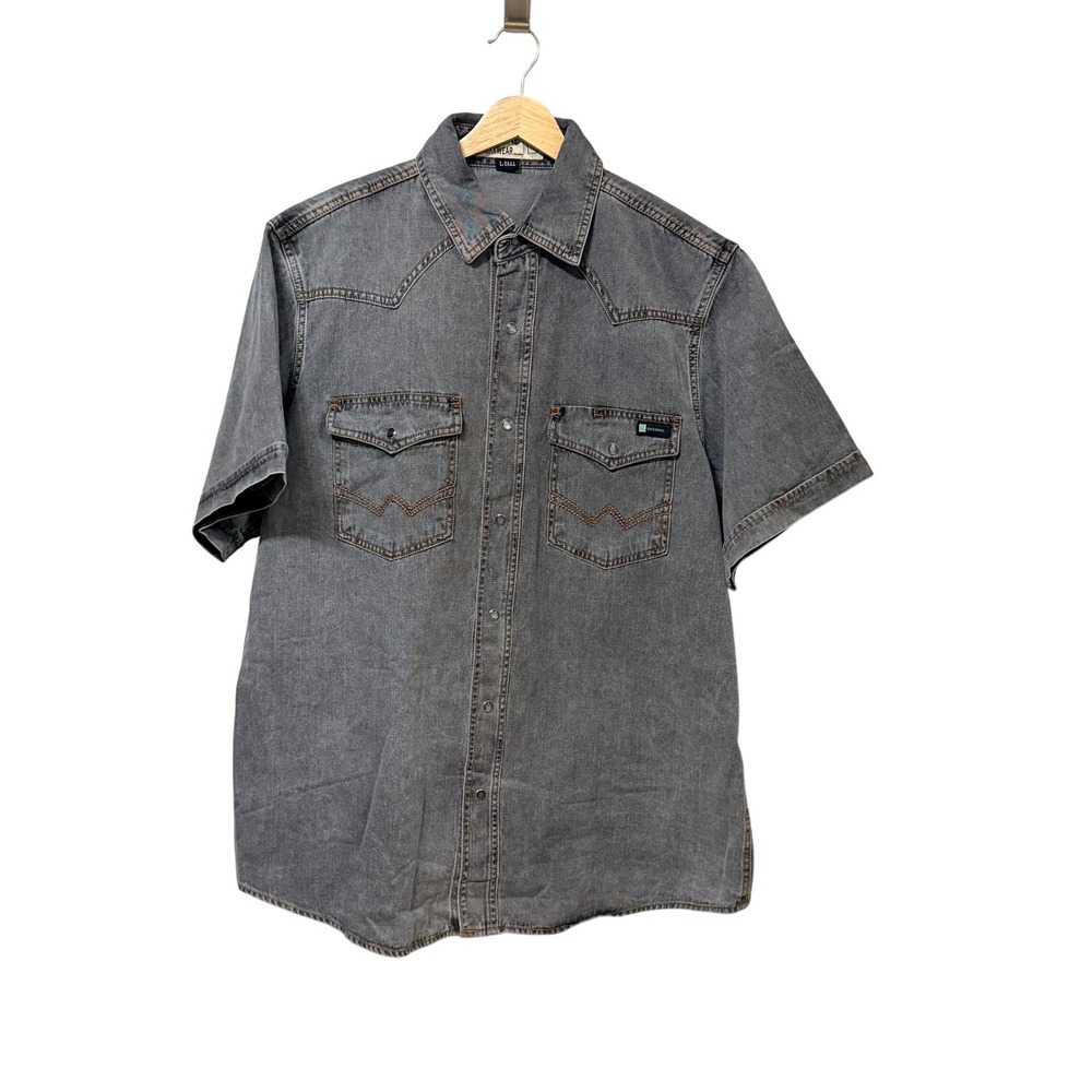 Bocomal Workwear Mens Gray Denim Western Pearl Snap Shirt Short Sleeve L Tall